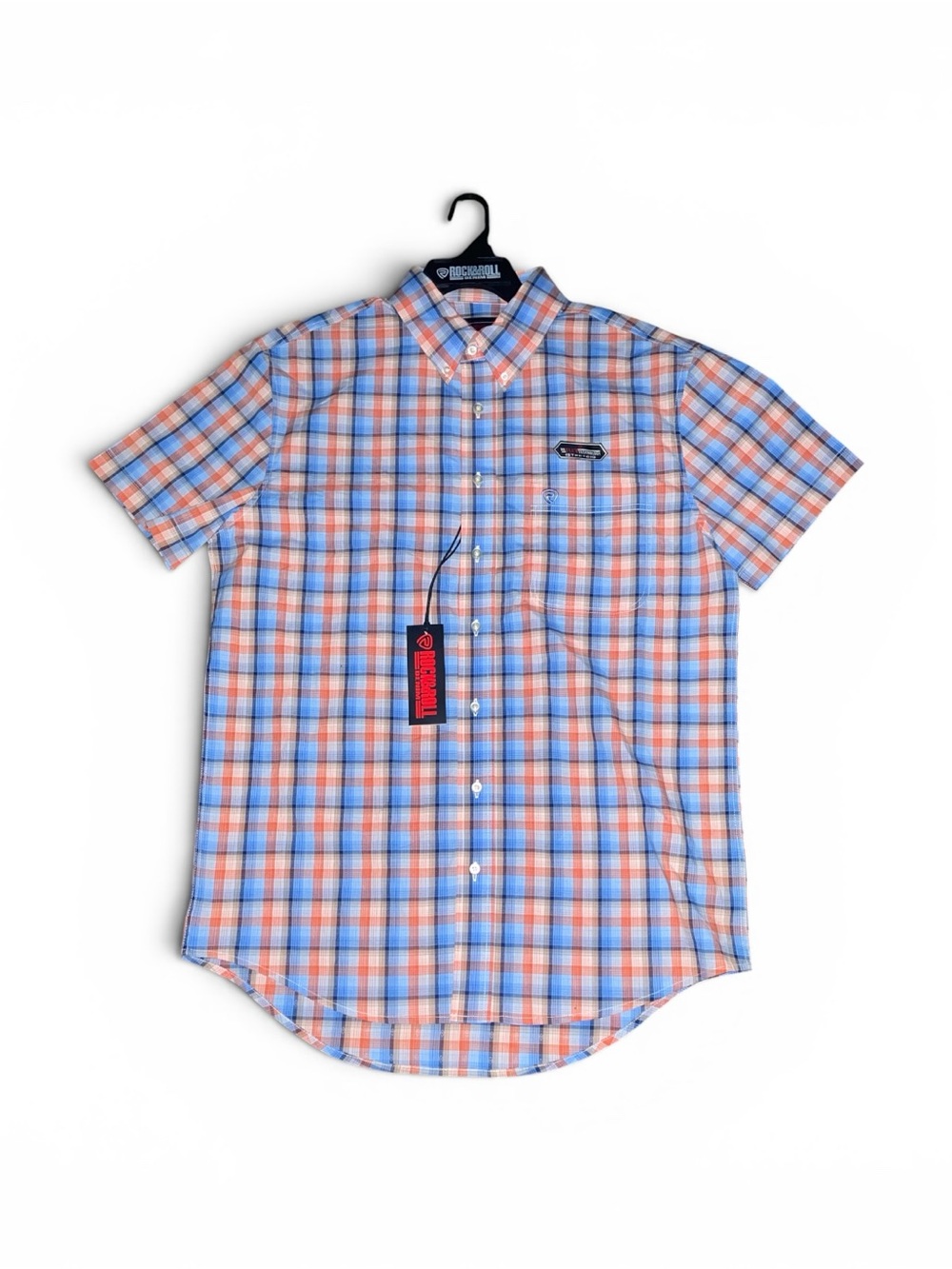 Rock & Roll Denim Men’s Plaid Short Sleeve Button Down Shirt Orange Blue M NWT